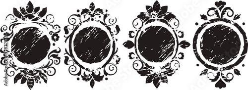Vintage decorative frames set with floral elements and intricate ornamental design in black and white
