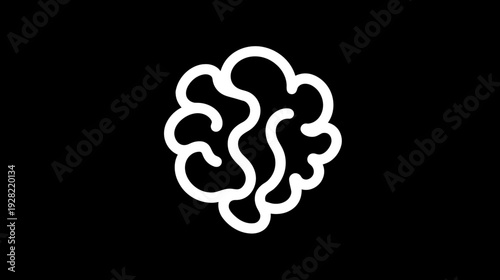Minimalist white outline of a stylized human brain on a black background, symbolizing thought, intelligence, creativity, and mental health.