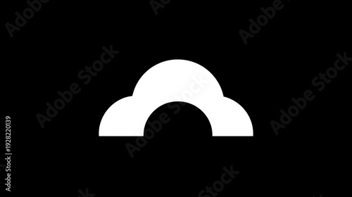 Modern minimalist abstract white geometric shape on black background, clean design element resembling a cloud or arch symbol.