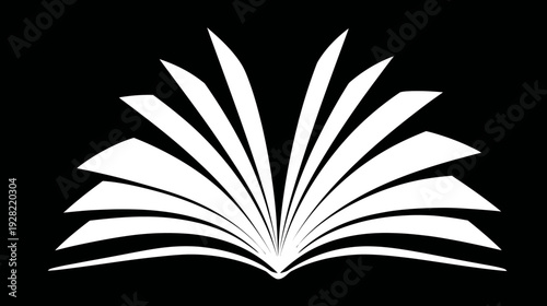 White silhouette of an open book with fanned pages against a black background, symbolizing knowledge, education, learning, and literature.