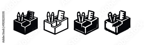 Modern Pen Holder Icon Set with Split Design and Stationery in Solid, Outline, Shaded, and Pixel Art.