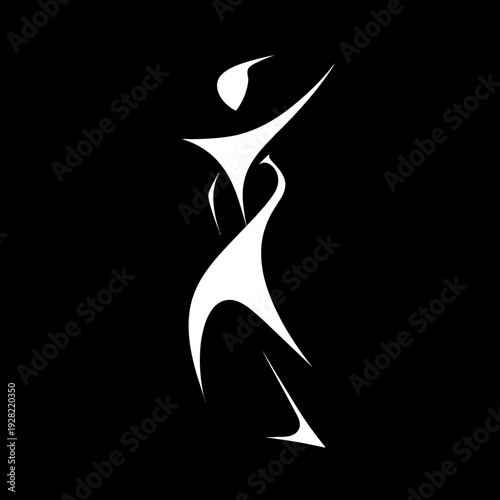 Abstract white human figure in dynamic motion on black background. Stylized minimalist graphic design for dance, elegance, fitness, and wellness.