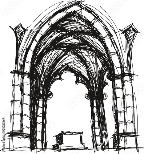 Gothic archway sketch with pointed arches and vaulted ceiling structure