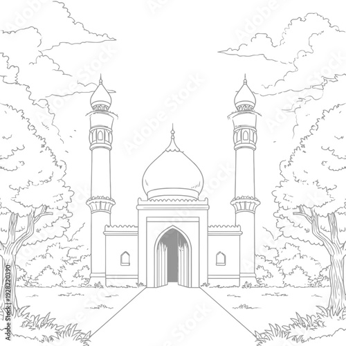 Intricate line art drawing of a grand mosque with dome and twin minarets, surrounded by trees and clouds, coloring book page.