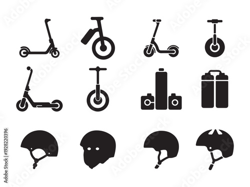 Electric micro-mobility and eco-friendly personal transport icon set, vector black silhouettes.