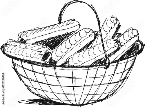 Basket filled with fresh baguettes hand drawn illustration of french bread loaf collection in wire basket