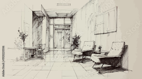 Detailed hand-drawn architectural sketch of a quiet, empty interior hallway or waiting room with chairs and plants.