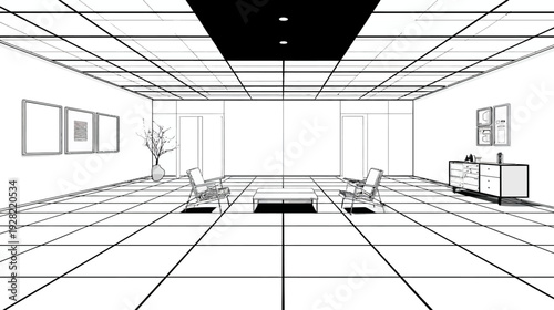 Modern Minimalist Architectural Line Art Sketch: Empty Black and White Interior Design of a Spacious Lounge or Office Lobby