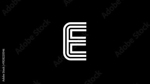 Modern, minimalist letter E created with triple white parallel lines on a sleek black background, abstract alphabet design