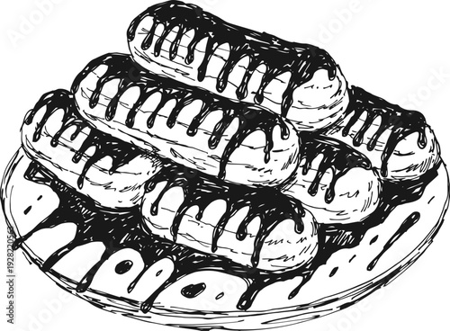 Eclairs with chocolate drizzle on a plate hand drawn dessert illustration, sweet pastry with cream filling