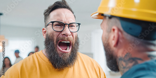 A bearded man with glasses yells angrily at another man wearing a yellow construction helmet, suggesting a heated argument or confrontation.