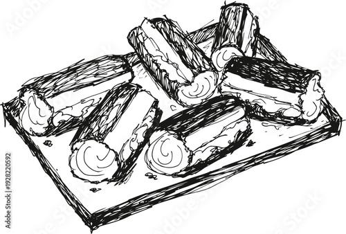 hand drawn cream filled cake rolls on a wooden serving board, dessert sweet bakery treat