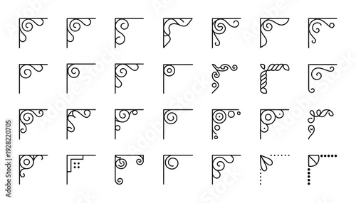 Corner Doodle Set with Line Swirls and Wavy Flourishes, Retro Wedding Invitation Borders, Hand Drawn Card Edging Design, Minimal Ornamental Dividers, Isolated Vector Collection