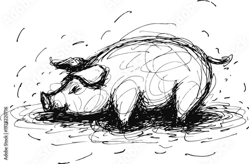 Sketch of a pig lying down in mud, simple black ink doodle animal illustration