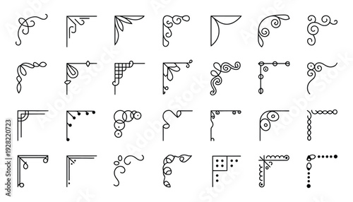 Corner Doodle Set with Line Swirls and Wavy Flourishes, Retro Wedding Invitation Borders, Hand Drawn Card Edging Design, Minimal Ornamental Dividers, Isolated Vector Collection