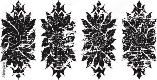black vintage floral ornamental decorative borders with distressed texture, elegant nature inspired design elements