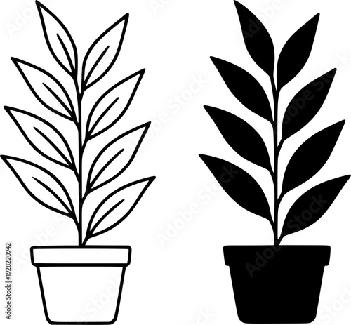 Black and white minimalist potted plant illustration set : outline and silhouette icons
