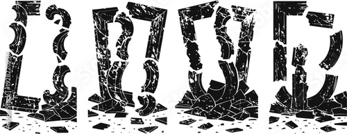 Grunge letters l, o, v, e with cracked paint texture on white background