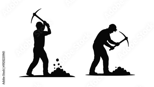 Two miners swinging pickaxes creating piles of debris a dark silhouette