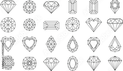 Black diamond and gemstone outline vector set with various jewelry cuts heart pear emerald and round shapes isolated on white background for design