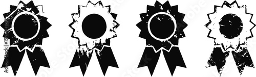 black award ribbons with rosette badges in various vintage and worn styles, isolated on white background