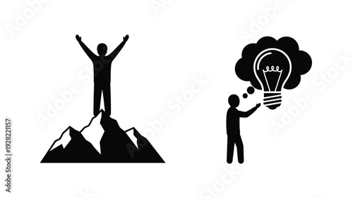 A person celebrates success atop a mountain with a thought bubble silhouette