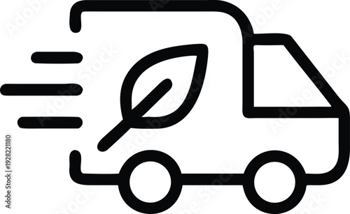 Dynamic outline icon illustrating a fast delivery truck with a leaf representing ecological transport
