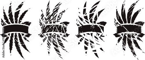 Set of four tribal flame tattoo designs with varying band styles in black silhouette