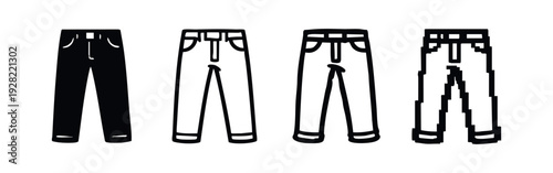 Classic Pants Icon Set in Solid, Outline, Shaded, and Pixel Art Styles. Fashion Apparel Collection.