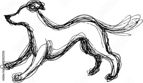 Abstract continuous line drawing of a dog in motion, minimalistic black ink sketch of a running canine