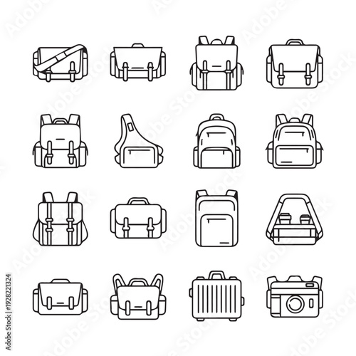 Collection of Backpacks and Bags Line IconsVector Illustration
