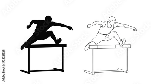Athlete jumping over a hurdle with a contrasting line drawing silhouette