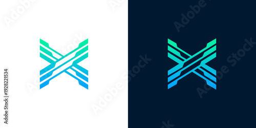 Modern abstract geometric letter X logo design on white and dark backgrounds, blue-green gradient, futuristic tech style