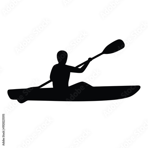 Silhouette of a person kayaking with a paddle on a white background