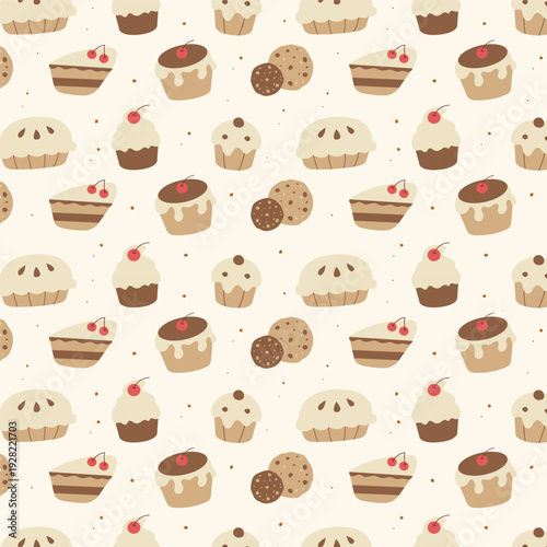 Seamless vector pattern of confectionery, cookies, cakes, pies, cupcakes.