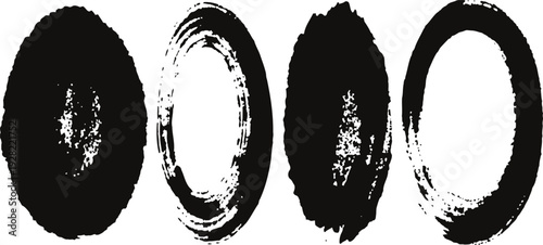Black and white circular brush strokes in abstract grunge with texture and irregular shapes