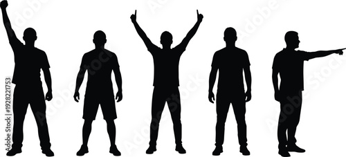 Silhouette of confident men standing in different poses, strength and leadership concept isolated on white background illustration