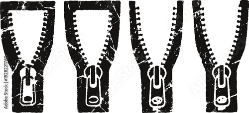 black zipper on white background clothing accessory close up fastening tool, metal slider and teeth mechanism isolated zipper illustrations set
