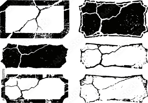 Six distressed cracked grunge labels with rough edges and vintage texture effects