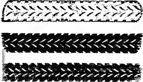 Three black and white grunge tire tracks with different tread patterns on a white background