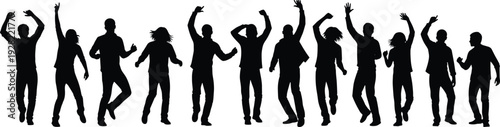 Silhouette of dancing crowd with raised hands, energetic party celebration concept isolated on white background illustration