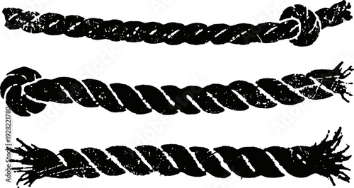 Three black vintage rope illustrations with knots and frayed ends isolated on white background