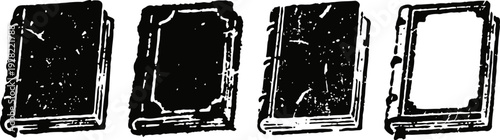 Four worn vintage books with blank, textured covers arranged in a row isolated on white