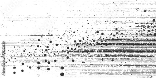 Abstract black and white grunge texture with scattered dots and horizontal lines
