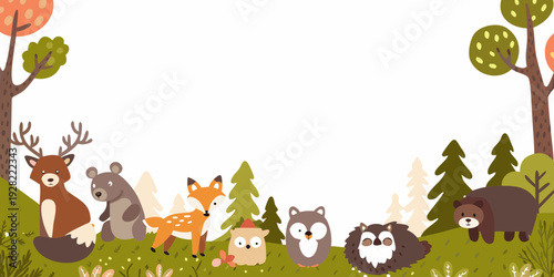 Cute forest animal border with deer bear fox and owl illustrations