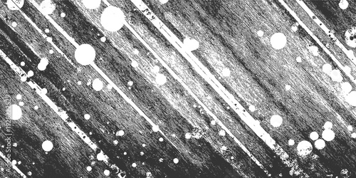 Black and white textured background with diagonal lines and scattered circles
