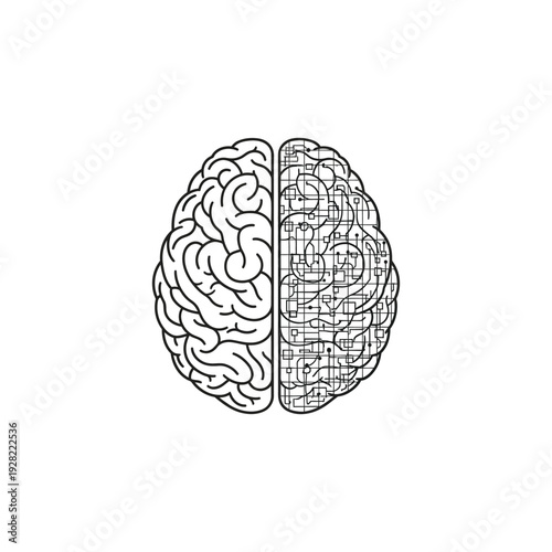 Detailed black and white illustration depicting a human brain split into two halves one showing organic structure and the other with circuitry