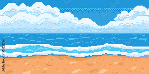 Pixelated seascape featuring a sandy beach ocean waves and fluffy clouds