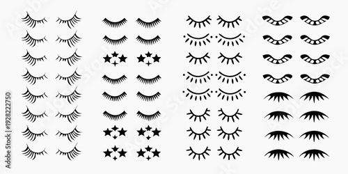 Collection of various black eyelash designs on a white background