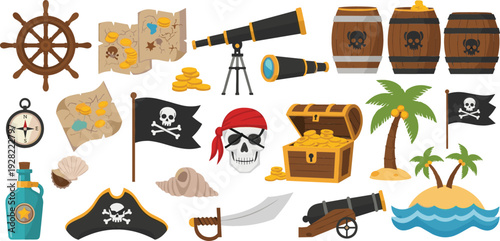 Pirate Adventure Vector Set with Treasure Chest Skull Flag Cannon Ship Wheel Map Telescope Palm Island and Nautical Cartoon Elements
